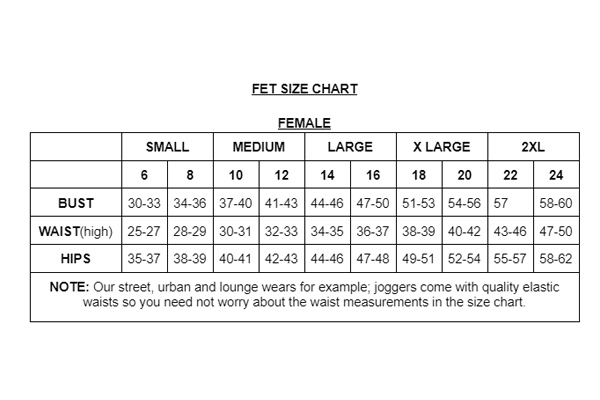 Size chart – FET Fashion